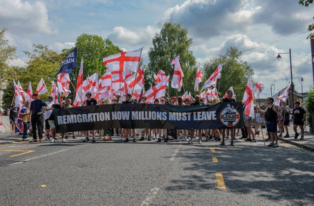 Anti-immigration demonstrators and Stand Up to Racism counter-protesters rally in Maidstone MAIDSTONE, UNITED KINGDOM - AUGUST 15: Demonstrators from the far-right Kent Nationalist Movement gather outside County Hall in Maidstone, Kent, England, United Kingdom on August 15, 2026, before marching through the town center. The marchers voiced opposition to government border policies, asylum seeker housing programs, and mass migration. A counter-demonstration organized by Stand Up to Racism assembled nearby, with activists chanting slogans and displaying placards to denounce far-right activity and express solidarity with refugees as police officers maintained a presence to keep the opposing groups separated. Stuart Brock Anadolu Maidstone Uni  Copyright: x2026xAnadoluxStuartxBrockx