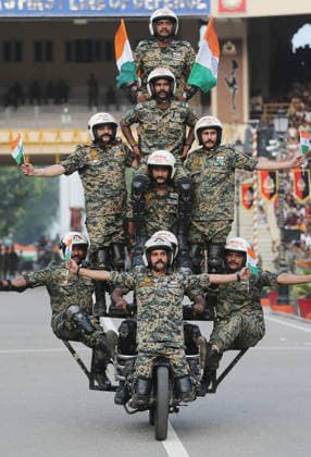 80th Independence Day celebrations at the Attari Wagha border Amritsar, Aug 15 (ANI): Border Security Force (BSF) Daredevil motorcycle team performs during the Beating Retreat ceremony on the occasion of 80th Independence Day, at Attari Wagha border, in Amritsar on Saturday. Amritsar Punjab India Copyright: xANIx ANI_20260815760