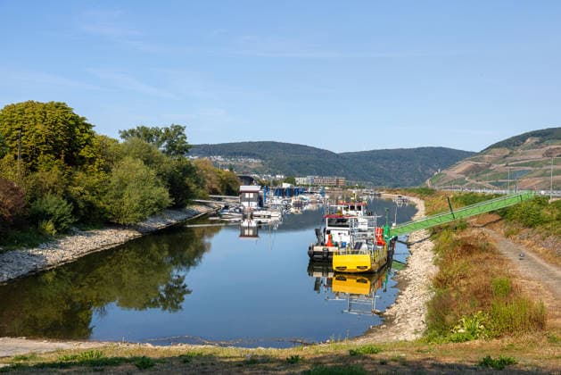 Niedrigwasser am Rhein nach langer Dürrephase, Bingen, 15.08.2026 Ein kleiner Hafen mit Sportbooten und Arbeitsschiffen liegt bei niedrigem Wasserstand zwischen bewachsenen Uferböschungen. Die Steinbefestigungen der Ufer sind aufgrund der Dürrephase weit sichtbar, umgeben von Weinbergen und bewaldeten Hügeln. Bingen Rheinland-Pfalz Deutschland *** Low Water Levels on the Rhine Following a Long Drought, Bingen, August 15, 2026 A small harbor with pleasure boats and workboats lies between overgrown riverbanks at low water levels. The stone embankments along the banks are clearly visible due to the drought, surrounded by vineyards and wooded hills. Bingen, Rhineland-Palatinate, Germany 20260815-286A5480-M4000