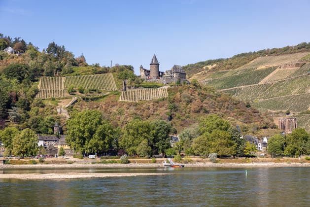 Niedrigwasser am Rhein nach langer Dürrephase, Lorch, 15.08.2026 Weite Kiesbänke säumen das Rheinufer bei Bacharach infolge anhaltender Trockenheit. Oberhalb des Flusses erhebt sich eine Burg inmitten terrassierter Weinberge, während Wald die umliegenden Hänge bedeckt. Lorch Lorchhausen Hessen Deutschland *** Low Water Levels on the Rhine Following a Long Drought, Lorch, August 15, 2026 Wide gravel banks line the banks of the Rhine near Bacharach as a result of the prolonged drought. Above the river, a castle rises amid terraced vineyards, while forest covers the surrounding slopes. Lorch, Lorchhausen, Hesse, Germany 20260815-286A5640-M4000