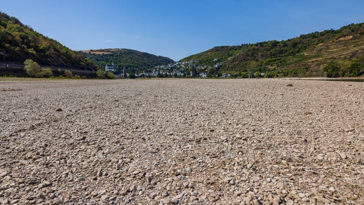Niedrigwasser am Rhein nach langer Dürrephase, Kaub, 15.08.2026 Das Rheintal liegt fast vollständig trockengelegt, nur die schmale Fahrrinne führt noch Wasser. Der weite Flussgrund besteht aus freigelegtem Kies und Geröll, umgeben von bewaldeten Hängen. Kaub Rheinland-Pfalz Deutschland *** Low water levels on the Rhine following a long drought, Kaub, August 15, 2026 The Rhine Valley is almost completely dry; only the narrow navigation channel still carries water. The vast riverbed consists of exposed gravel and boulders, surrounded by forested slopes. Kaub, Rhineland-Palatinate, Germany 20260815-286A5737-M4000
