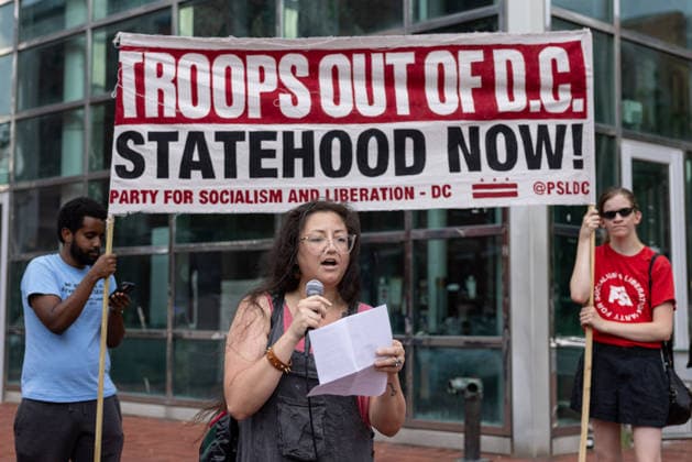 Demonstrators Rally to Guard Out of DC WASHINGTON, D.C., UNITED STATES - AUGUST 15: Demonstrators, holding banners, take part in a Guard Out of DC rally in Washington, D.C., on August 15, 2026, marking one year since U.S. President Donald Trump deployed National Guard troops to the city. Protesters demand the removal of federal agents from D.C. streets, full rights for immigrants and opposition to a new ICE headquarters in the capital. Mehmet Eser Anadolu Washington DC United States. Editorial use only. Please get in touch for any other usage.  Copyright: x2026xAnadoluxMehmetxEserx