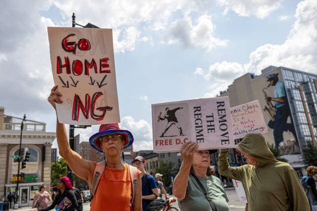 Demonstrators Rally to Guard Out of DC WASHINGTON, D.C., UNITED STATES - AUGUST 15: Demonstrators, holding banners, take part in a Guard Out of DC rally in Washington, D.C., on August 15, 2026, marking one year since U.S. President Donald Trump deployed National Guard troops to the city. Protesters demand the removal of federal agents from D.C. streets, full rights for immigrants and opposition to a new ICE headquarters in the capital. Mehmet Eser Anadolu Washington DC United States. Editorial use only. Please get in touch for any other usage.  Copyright: x2026xAnadoluxMehmetxEserx