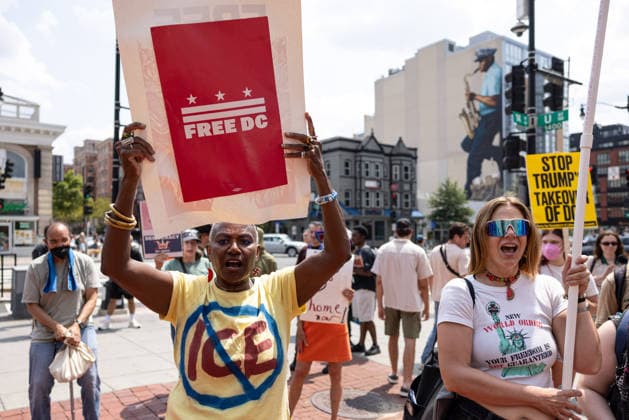 Demonstrators Rally to Guard Out of DC WASHINGTON, D.C., UNITED STATES - AUGUST 15: Demonstrators, holding banners, take part in a Guard Out of DC rally in Washington, D.C., on August 15, 2026, marking one year since U.S. President Donald Trump deployed National Guard troops to the city. Protesters demand the removal of federal agents from D.C. streets, full rights for immigrants and opposition to a new ICE headquarters in the capital. Mehmet Eser Anadolu Washington DC United States. Editorial use only. Please get in touch for any other usage.  Copyright: x2026xAnadoluxMehmetxEserx