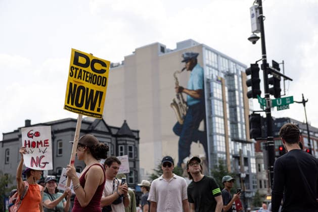 Demonstrators Rally to Guard Out of DC WASHINGTON, D.C., UNITED STATES - AUGUST 15: Demonstrators, holding banners, take part in a Guard Out of DC rally in Washington, D.C., on August 15, 2026, marking one year since U.S. President Donald Trump deployed National Guard troops to the city. Protesters demand the removal of federal agents from D.C. streets, full rights for immigrants and opposition to a new ICE headquarters in the capital. Mehmet Eser Anadolu Washington DC United States. Editorial use only. Please get in touch for any other usage.  Copyright: x2026xAnadoluxMehmetxEserx