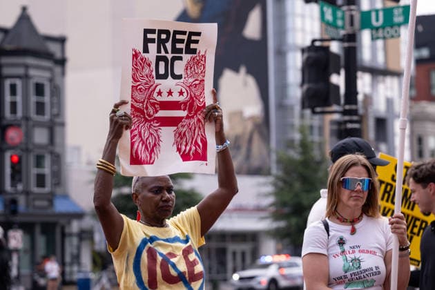 Demonstrators Rally to Guard Out of DC WASHINGTON, D.C., UNITED STATES - AUGUST 15: Demonstrators, holding banners, take part in a Guard Out of DC rally in Washington, D.C., on August 15, 2026, marking one year since U.S. President Donald Trump deployed National Guard troops to the city. Protesters demand the removal of federal agents from D.C. streets, full rights for immigrants and opposition to a new ICE headquarters in the capital. Mehmet Eser Anadolu Washington DC United States. Editorial use only. Please get in touch for any other usage.  Copyright: x2026xAnadoluxMehmetxEserx