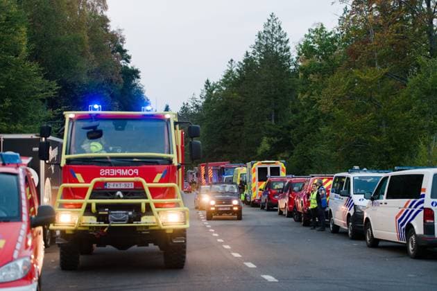 Police and Fire brigade vehicles pictured a fire rages in the Hautes Fagnes (High Fens) nature reserve, on Saturday 15 August 2026 in Waimes. The fire started on August 14th and 1600 hectares (on a total of 4500) are impacted.  NICOLASxLAMBERT 183470571