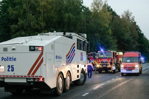 Police and Fire brigade vehicles pictured a fire rages in the Hautes Fagnes (High Fens) nature reserve, on Saturday 15 August 2026 in Waimes. The fire started on August 14th and 1600 hectares (on a total of 4500) are impacted.  NICOLASxLAMBERT 183470579