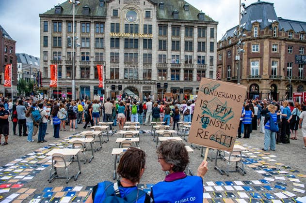 Protesters in Amsterdam rally against five years of Taliban governance - 15 Aug 2026 Two women are keeping an eye on the chairs and empty desks representing the Afghan girls who have not been allowed to go to school. On the fifth anniversary of the Taliban’s capture of Kabul, in Afghanistan, several organizations held a demonstration to demand that the Netherlands and the EU stop legitimizing the Taliban and prioritize the rights of Afghan women. Under the Taliban, girls are barred from education beyond primary school, and women are banned from many jobs. There are laws dictating that women must cover their faces in public and forbidding them from entering public parks. Human rights groups call it gender apartheid. Amsterdam Netherlands Copyright: xAnaxFernandezx xSOPAxImagesx Ana_Fernandez_15082026_ProtestAgainst5yearsTalibanHeldAmsterdam_009