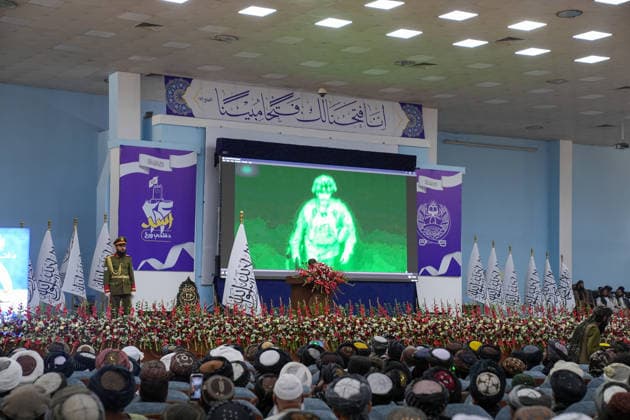 Taliban Fifth Anniversary Official Ceremony Kabul Afghanistan Taliban members watch footage on a screen during a ceremony at the Loya Jirga Tent to mark the fifth anniversary of their return to power in Kabul, Afghanistan, on August 15, 2026. The event commemorates the government s takeover following the withdrawal of United States forces. Kabul Kabul Afghanistan Copyright: xJavidxAshnax