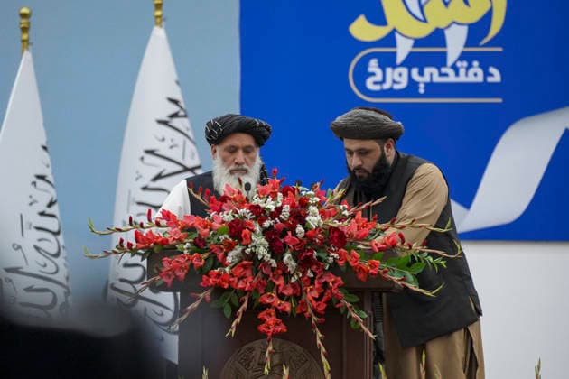 Taliban Fifth Anniversary Official Ceremony Kabul Afghanistan Taliban officials stand at a podium during a ceremony at the Loya Jirga Tent marking the fifth anniversary of the Taliban™s return to power in Kabul, Afghanistan, on August 15, 2026. The event commemorates the government s takeover following the withdrawal of United States forces. Kabul Kabul Afghanistan Copyright: xJavidxAshnax