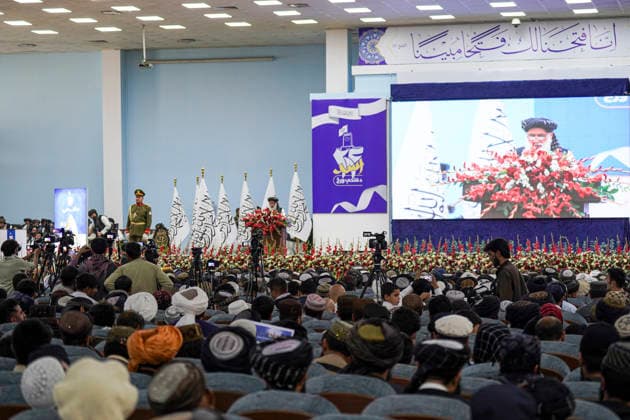Taliban Fifth Anniversary Official Ceremony Kabul Afghanistan A Taliban official speaks at a podium during a ceremony at the Loya Jirga Tent marking the fifth anniversary of the Taliban™s return to power in Kabul, Afghanistan, on August 15, 2026. The event commemorates the government s takeover following the withdrawal of United States forces. Kabul Kabul Afghanistan Copyright: xJavidxAshnax