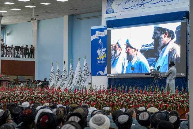 Taliban Fifth Anniversary Official Ceremony Kabul Afghanistan Taliban members watch footage on a screen during a ceremony at the Loya Jirga Tent to mark the fifth anniversary of their return to power in Kabul, Afghanistan, on August 15, 2026. The event commemorates the government s takeover following the withdrawal of United States forces. Kabul Kabul Afghanistan Copyright: xJavidxAshnax