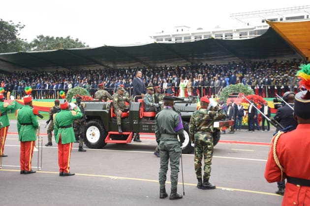(260816) -- BRAZZAVILLE, Aug. 16, 2026 -- Congolese President Denis Sassou Nguesso attends a parade marking the 66th anniversary of the country s independence in Brazzaville, capital of the Republic of the Congo, Aug. 15, 2026. The Republic of the Congo held a military and civilian parade on Saturday here to mark the 66th anniversary of its independence. (Photo by Xinhua) REPUBLIC OF THE CONGO-BRAZZAVILLE-INDEPENDENCE-PARADE Kitina 