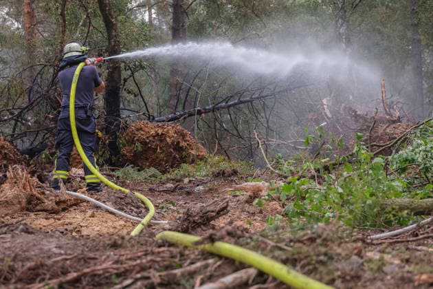 Loescharbeiten der Feuerwehr in Gebieten des Waldbrandes in Huertgewald (Hürtgenwald) im Kreis Dueren (Düren) (Foto vom 15.08.2026). Der Grossbrand in der Gemeinde in Huertgenwald hat sich in der Nacht zu Samstag nicht weiter ausgebreitet. 1.400 Einsatzkraefte sind im Einsatz. Der Brand war am Donnerstagabend in der Eifelgemeinde ausgebrochen und hatte sich am Freitag auf etwa 300 Hektar ausgebreitet, eine Flaeche fast so gross wie der Central Park in New York. Es ist der groesste jemals dokumentierte Waldbrand in Nordrhein-Westfalen. (Siehe epd-Bericht vom 15.08.2026) EDITORIAL USE ONLY *** Firefighters battling the wildfire in Huertgenwald, in the district of Düren. Photo taken on August 15, 2026. The major fire in the municipality of H Copyright: epd-bild GuidoxSchiefer epd-Grossbrand_Huertgenwald22-kopieren