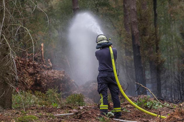 Loescharbeiten der Feuerwehr in Gebieten des Waldbrandes in Huertgewald (Hürtgenwald) im Kreis Dueren (Düren) (Foto vom 15.08.2026). Der Grossbrand in der Gemeinde in Huertgenwald hat sich in der Nacht zu Samstag nicht weiter ausgebreitet. 1.400 Einsatzkraefte sind im Einsatz. Der Brand war am Donnerstagabend in der Eifelgemeinde ausgebrochen und hatte sich am Freitag auf etwa 300 Hektar ausgebreitet, eine Flaeche fast so gross wie der Central Park in New York. Es ist der groesste jemals dokumentierte Waldbrand in Nordrhein-Westfalen. (Siehe epd-Bericht vom 15.08.2026) EDITORIAL USE ONLY *** Firefighters battling the wildfire in Huertgenwald, in the district of Düren. Photo taken on August 15, 2026. The major fire in the municipality of H Copyright: epd-bild GuidoxSchiefer 260815_Waldbrand_H__rtgenwald_32