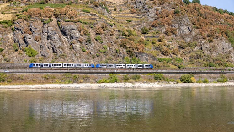 Niedrigwasser am Rhein nach langer Dürrephase, Kaub, 15.08.2026 Der Rhein führt nach langer Dürrephase deutliches Niedrigwasser, sichtbar an den freigelegten Uferbereichen. Ein Regionalzug der linken Rheinstrecke fährt entlang des Ufers im Nahverkehr. Kaub Rheinland-Pfalz Deutschland *** Low Water Levels on the Rhine Following a Long Drought, Kaub, August 15, 2026: After a long drought, the Rhine is at significantly low water levels, as evidenced by the exposed riverbanks. A regional train on the left bank of the Rhine runs along the riverbank as part of local transit service in Kaub, Rhineland-Palatinate, Germany. 20260815-286A5733-M4000