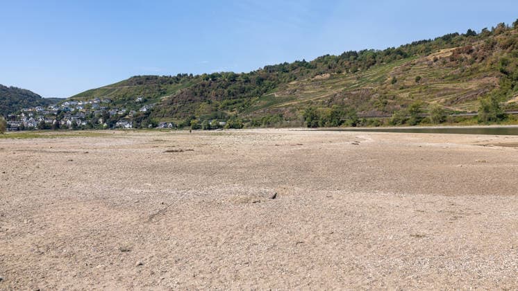 Niedrigwasser am Rhein nach langer Dürrephase, Kaub, 15.08.2026 Der Rhein führt nach langer Dürrephase extremes Niedrigwasser. Weite Sand- und Kiesbänke liegen trocken, wo sonst der Fluss verläuft. Kaub Rheinland-Pfalz Deutschland *** Low Water Levels on the Rhine After a Long Drought, Kaub, August 15, 2026 After a long drought, the Rhine is at extremely low water levels. Vast stretches of sand and gravel banks lie dry where the river normally flows. Kaub, Rhineland-Palatinate, Germany 20260815-286A5647-M4000