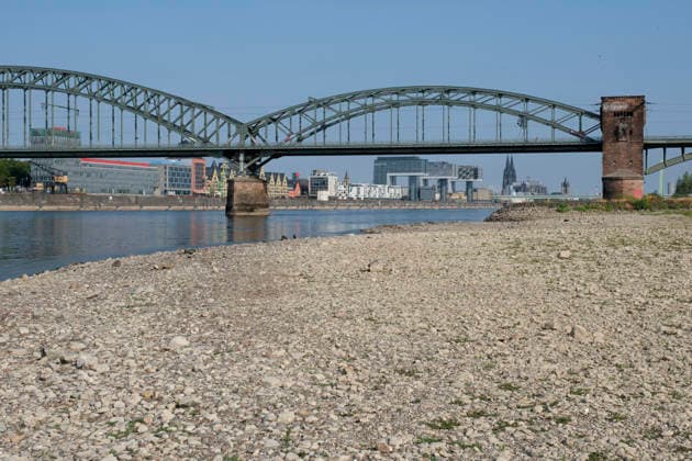 Eine bodennahe Aufnahme zeigt das weitläufige, freigelegte Kiesel- und Steinufer des Rheins bei extremem sommerlichem Niedrigwasser. Im unscharfen Hintergrund erstreckt sich die stählerne Fachwerk-Konstruktion der historischen Südbrücke mit ihren markanten Wehrtürmen aus Backstein. Dahinter zeichnet sich die Kölner Skyline mit den modernen Kranhäusern im Rheinauhafen und den entfernten Spitzen des Kölner Doms unter einem klaren, blauen Himmel ab. *** A low-angle shot captures the wide, exposed pebble and stone bank of the Rhine during extreme summer low water levels. In the blurred background, the steel truss structure of the historic Südbrücke stands out with its distinctive brick defense towers. Behind it, the Cologne skyline fe 20260816-DSCF2122