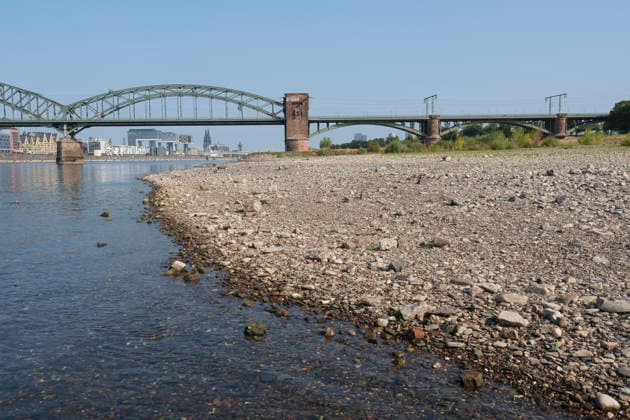 Eine weitwinklige Totalansicht zeigt den stark zurückgewichenen Flusslauf des Rheins mit einem weitläufig ausgetrockneten Kiesel- und Steinufer bei extremem sommerlichem Niedrigwasser. Die historische, stählerne Südbrücke überspannt den Fluss mit ihren charakteristischen Fachwerkbögen und dem markanten Wehrturm aus rotem Backstein. Im Hintergrund spiegelt sich das gegenüberliegende Rheinufer mit der Kölner Skyline, den Kranhäusern im Rheinauhafen und den entfernten Türmen des Kölner Doms unter einem wolkenlosen, blauen Himmel. *** A wide-angle view captures the significantly receded riverbed of the Rhine, exposing a vast dried-out pebble and stone bank during extreme summer low water levels. The historic steel Südbrücke spans the river with 20260816-DSCF2140