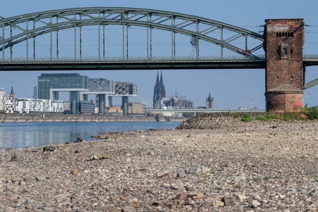 Eine weitwinklige Totalansicht zeigt den stark zurückgewichenen Flusslauf des Rheins mit einem weitläufig ausgetrockneten Kiesel- und Steinufer bei extremem sommerlichem Niedrigwasser. Die historische, stählerne Südbrücke überspannt den Fluss mit ihren charakteristischen Fachwerkbögen und dem markanten Wehrturm aus rotem Backstein. Im Hintergrund spiegelt sich das gegenüberliegende Rheinufer mit der Kölner Skyline, den Kranhäusern im Rheinauhafen und den entfernten Türmen des Kölner Doms unter einem wolkenlosen, blauen Himmel. *** A wide-angle view captures the significantly receded riverbed of the Rhine, exposing a vast dried-out pebble and stone bank during extreme summer low water levels. The historic steel Südbrücke spans 20260816-DSCF2143
