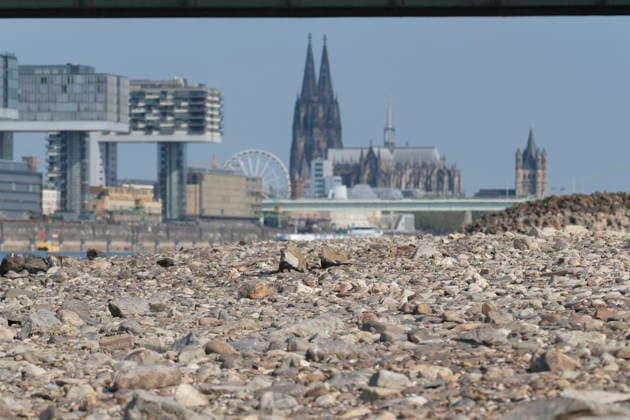 Eine Teleaufnahme zeigt die markante Kölner Stadtkulisse mit den modernen Kranhäusern im Rheinauhafen und den gotischen Türmen des Kölner Doms im Hintergrund. Im Vordergrund erstreckt sich das weitläufige, freigelegte Kiesel- und Steinufer des Rheins, das die Auswirkungen von extremem sommerlichem Niedrigwasser dokumentiert. *** A telephoto shot captures the prominent Cologne cityscape featuring the modern Kranhäuser buildings in the Rheinauhafen and the Gothic spires of the Cologne Cathedral in the background. In the foreground, the vast, exposed pebble and stone bank of the Rhine illustrates the impact of extreme summer low water levels. Next to the cathedral, the white Nordrhein-Westfalen Deutschland, Germany 20260816-DSCF2159