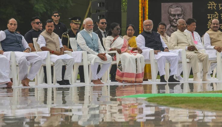 Prayer meeting in remembrance of former PM Atal Bihari Vajpayee at Sadaiv Atal New Delhi, Aug 16 (ANI): Prime Minister Narendra Modi with President Droupadi Murmu, Vice President CP Radhakrishnan, Former President Ram Nath Kovind, Union Defence Minister Rajnath Singh, BJP National President Nitin Nabin and other dignitaries during the prayer meeting for former Prime Minister Atal Bihari Vajpayee on his death anniversary at his memorial Sadaiv Atal , in New Delhi on Sunday. Lok Sabha Speaker Om Birla also present. New Delhi Delhi India Copyright: xANIx ANI_20260816036