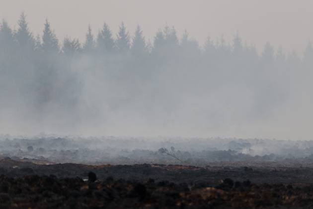 Firefighters in action on the scene of a fire rages in the Hautes Fagnes (High Fens) nature reserve, on Sunday 16 August 2026 in Waimes. The fire started on August 14th and 2700 hectares (on a total of 4500) are impacted.  NICOLASxLAMBERT 183533996