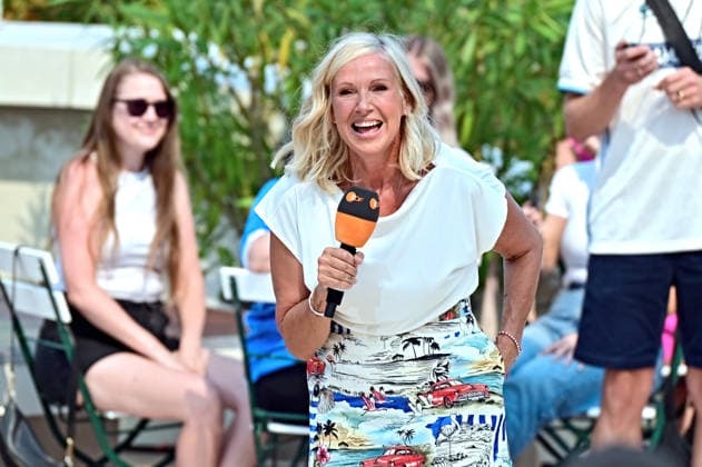 ZDF - Fernsehgarten. Moderatorin Andrea Kiwi Kiewel während der ZDF - Unterhaltungsshow Fernsehgarten am 16.08.2026 in Mainz. 20260816MWI140146 *** ZDF Fernsehgarten host Andrea Kiwi Kiewel during the ZDF entertainment show Fernsehgarten on August 16, 2026, in Mainz 20260816MWI140146
