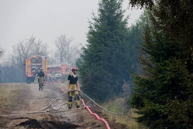 Firefighters in action on the scene of a fire rages in the Hautes Fagnes (High Fens) nature reserve, on Sunday 16 August 2026 in Waimes. The fire started on August 14th and 2700 hectares (on a total of 4500) are impacted.  NICOLASxLAMBERT 183534108