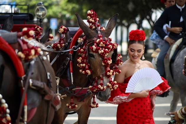 News Bilder des Tages Scenes from the Málaga Fair: Several women dressed in flamenco gowns stroll through the Cortijo de Torres at the Málaga Fair. August 16, 2026, in Málaga, Andalusia, Spain. Locals and visitors enjoy the Málaga Fair at the fairgrounds. August 16, 2026, in Málaga, Andalusia, Málaga, Andalusia, Spain  Copyright: xÃ?lexxZeax 7716786