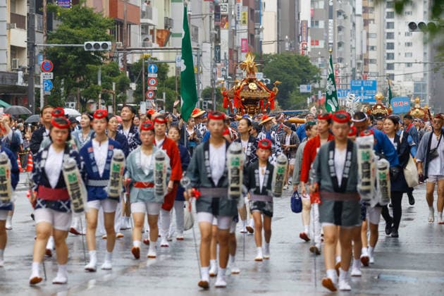August 16, 2026, Tokyo, Japan: Participants seen during Fukagawa Hachiman Festival to carry a heavily decorated mikoshi (portable shrine) in Koto Ward. The triennial festival is one of Tokyo s top three major Edo-period festivals held at Tomioka Hachimangu Shrine. It is well known as the Water-Splashing Festival (Mizukake Matsuri), where participants toss gallons of purifying water onto shrine bearers to beat the intense midsummer heat and bless the local community. Tokyo Japan - ZUMAs197 20260816_aaa_s197_057 Copyright: xRodrigoxReyesxMarinx