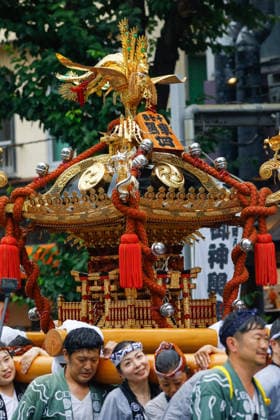 August 16, 2026, Tokyo, Japan: Participants seen carrying a heavily decorated mikoshi (portable shrine) in Koto Ward during the Fukagawa Hachiman Festival. The triennial festival is one of Tokyo s top three major Edo-period festivals held at Tomioka Hachimangu Shrine. It is well known as the Water-Splashing Festival (Mizukake Matsuri), where participants toss gallons of purifying water onto shrine bearers to beat the intense midsummer heat and bless the local community. Tokyo Japan - ZUMAs197 20260816_aaa_s197_070 Copyright: xRodrigoxReyesxMarinx