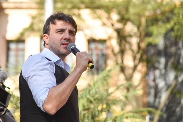 SaO PAULO, SP - 16.08.2026: RENAN SANTOS INICIA A CAMPANHA EM SP - Presidential candidate Renan Santos (Missao), during the launch of his presidential campaign, this Sunday (16), in front of the USP Law School, in Largo Sao Francisco, SP. x2999355x  RobertoxCasimiro