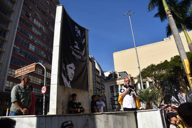 SaO PAULO, SP - 16.08.2026: RENAN SANTOS INICIA A CAMPANHA EM SP - Presidential candidate Renan Santos (Missao), during the launch of his presidential campaign, this Sunday (16), in front of the USP Law School, in Largo Sao Francisco, SP. In the photo, the vice-presidential candidate on the ticket is Aroldo Medina (Missao). x2999359x  RobertoxCasimiro