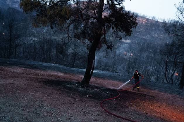 Wildfire burns homes and businesses on Greece™s Salamina island PERISTERIA, SALAMINA, GREECE, AUGUST 16, 2026: Dozens of homes and businesses burn as a wildfire rages through the forested area of Peristeria on the island of Salamina, west of Athens. The fire prompted mass evacuations and resulted in two deaths and multiple injuries, according to local authorities. Salamina Greece Copyright: x xRomanosxLioutasx xJNAxPressx