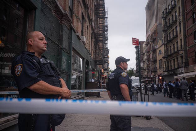 August 17, 2026, New York, Ny, United States: Police and media on scene of a stabbing and police involved shooting on Ludlow Street in the Lower East Side of Manhattan in New York City on Saturday, August 16, 2026. New York United States - ZUMAt177 20260817_znp_t177_002 Copyright: xJohnxTaggartx