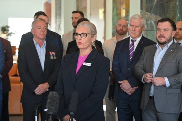 COALITION OF VETERANS™ VOICES PRESSER, Women Veterans Network Australia Melanie Annand and other veteran advocates speak to journalists at a press conference at Parliament House in Canberra, Monday, August 17, 2026. ( NO ARCHIVING CANBERRA AUSTRALIAN CAPITAL TERRITORY AUSTRALIA  Copyright: xMICKxTSIKASx 20260817159353980353