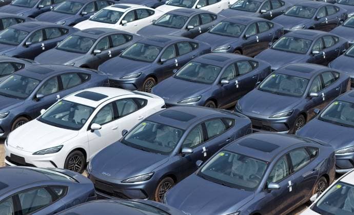 China Automotive Export Aerial view of new BYD electric cars waiting for shipment to overseas markets in a port in Yantai in eastern China s Shandong province, Monday, Aug. 17, 2026., Credit:stringer Utuku Feature China Avalon CHINA, SHANDONG, YANTAI  Copyright: xstringerx xUtuku FeaturexChinax xAvalonx 1124490119