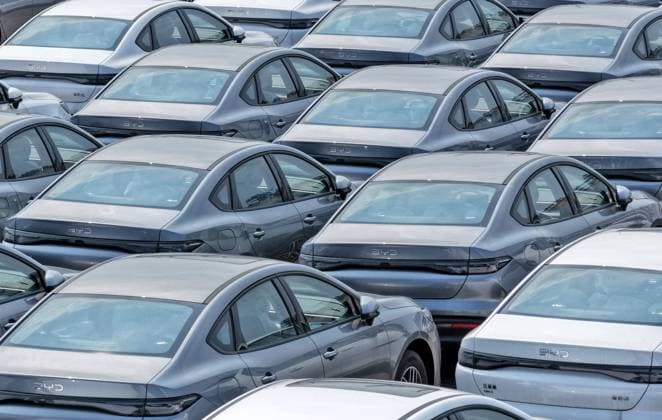 China Automotive Export Aerial view of new BYD electric cars waiting for shipment to overseas markets in a port in Yantai in eastern China s Shandong province, Monday, Aug. 17, 2026., Credit:stringer Utuku Feature China Avalon CHINA, SHANDONG, YANTAI  Copyright: xstringerx xUtuku FeaturexChinax xAvalonx 1124490126