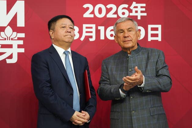 RUSSIA, REPUBLIC OF TATARSTAN - AUGUST 17, 2026: Zhang Hanhui (L), Ambassador of China, and Rustam Minnikhanov, Head of the Republic of Tatarstan, Chairman of the Association of Innovative Regions of Russia, attend a ceremony to open the 2026 Russia-China Business Forum titled Sprouts: Russia and China Mutually Beneficial Cooperation and held at the Kazan Expo International Exhibition Centre in Bolshiye Kabany, southeast of Kazan. TASS Host Photo Age Russia  - ZUMAt113 20260817_zaa_t113_031 Copyright: xYegorxAleyevx