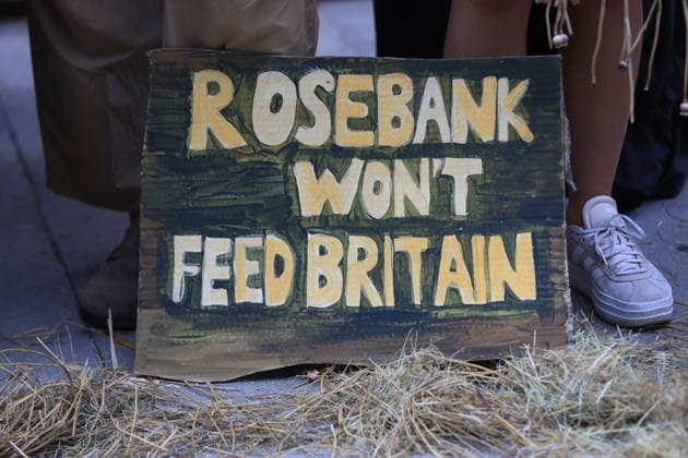 Fossil Free London Crop Failure Protest outside the Treasury, London, UK 17 August 2026 Campaigners stage a protest outside the Treasury on Horse Guards Road, London, UK, on 17 August 2026, calling on Prime Minister Andy Burnham to reject the Rosebank oil field as the public consultation closes. Holding empty harvesting baskets and hessian bags labelled Wheat - Failed , the protesters highlight the connection between fossil fuel extraction and the crop failures resulting from climate-driven heatwaves and droughts., Credit:PETE SPELLER Avalon UK, London  Copyright: xPETExSPELLERx xAvalonx 1124555623