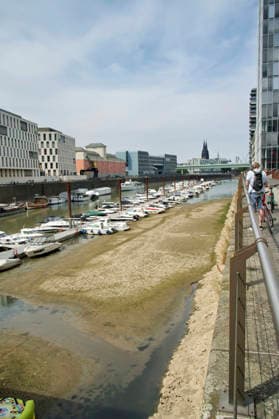 Der Rhein ist in Köln so niedrig wie noch nie. In der Nacht zu Sonntag fiel der Pegel auf nur 45 Zentimeter und damit deutlich unter den bisherigen Tiefststand. Für die Schifffahrt wird das zunehmend zum Problem. Köln, 16.08.2026 *** The Rhine in Cologne is at an all-time low. Overnight into Sunday, the water level dropped to just 45 centimeters, well below the previous record low. This is becoming an increasing problem for shipping. Cologne, August 16, 2026 Foto:xC.xAdolph xFuturexImagex niedrigwasser_6856