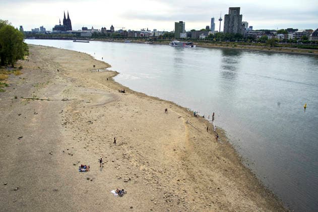 Der Rhein ist in Köln so niedrig wie noch nie. In der Nacht zu Sonntag fiel der Pegel auf nur 45 Zentimeter und damit deutlich unter den bisherigen Tiefststand. Für die Schifffahrt wird das zunehmend zum Problem. Köln, 16.08.2026 *** The Rhine in Cologne is at an all-time low. Overnight into Sunday, the water level dropped to just 45 centimeters, well below the previous record low. This is becoming an increasing problem for shipping. Cologne, August 16, 2026 Foto:xC.xAdolph xFuturexImagex niedrigwasser_6881