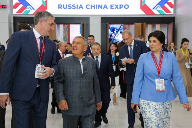 RUSSIA, REPUBLIC OF TATARSTAN - AUGUST 17, 2026: Vasily Orlov, Amur Region Governor, Rustam Minnikhanov, Head of the Republic of Tatarstan, Chairman of the Association of Innovative Regions of Russia, and Taliya Minullina (L-R), Head of the Tatarstan Investment Development Agency, view Russia-China Expo during the 2026 Russia-China Business Forum titled Sprouts: Russia and China Mutually Beneficial Cooperation and held at the Kazan Expo International Exhibition Centre in Bolshiye Kabany, southeast of Kazan. TASS Host Photo Age Russia  - ZUMAt113 20260817_zaa_t113_139 Copyright: xYegorxAleyevx