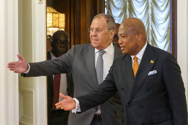 RUSSIA, MOSCOW - AUGUST 17, 2026: Samuel Okudzeto Ablakwa, Foreign Minister of Ghana, and his counterpart Sergei Lavrov (R-L front) of Russia arrive for a bilateral meeting at the Reception House of the Russian Foreign Ministry. Sergei Karpukhin TASS  96296775