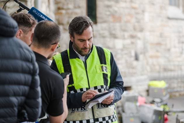 Walloon public services spokesman Nicolas Yernaux pictured at the command center in Sourbrodt as a fire rages in the Hautes Fagnes (High Fens) nature reserve, on Monday 17 August 2026. The fire started on August 14th and 2700 hectares (on a total of 4500) are impacted.  NICOLASxLAMBERT 183598402
