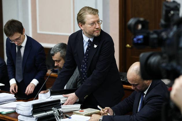 RUSSIA, MOSCOW - AUGUST 17, 2026: Yabloko Party Chairman Nikolai Rybakov (3rd L) attends a hearing at the Russian Supreme Court on the party’s appeal to reinstate its candidate list for the upcoming 2026 Russian State Duma election. Mikhail Tereshchenko TASS  96296350