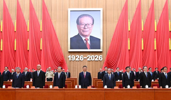 (260817) -- BEIJING, Aug. 17, 2026 -- Party and state leaders Xi Jinping, Li Qiang, Zhao Leji, Wang Huning, Cai Qi, Ding Xuexiang, Li Xi, and Han Zheng attend a grand gathering to commemorate the birth centenary of late leader Jiang Zemin at the Great Hall of the People in Beijing, capital of China, Aug. 17, 2026. ) CHINA-BEIJING-GRAND GATHERING-JIANG ZEMIN-BIRTH CENTENARY (CN) XiexHuanchi 