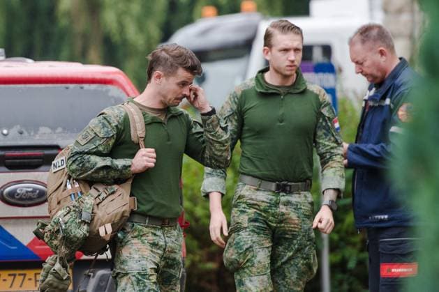 Dutch solders pictured at the command center in Sourbrodt as a fire rages in the Hautes Fagnes (High Fens) nature reserve, on Monday 17 August 2026. The fire started on August 14th and 2700 hectares (on a total of 4500) are impacted.  NICOLASxLAMBERT 183601271